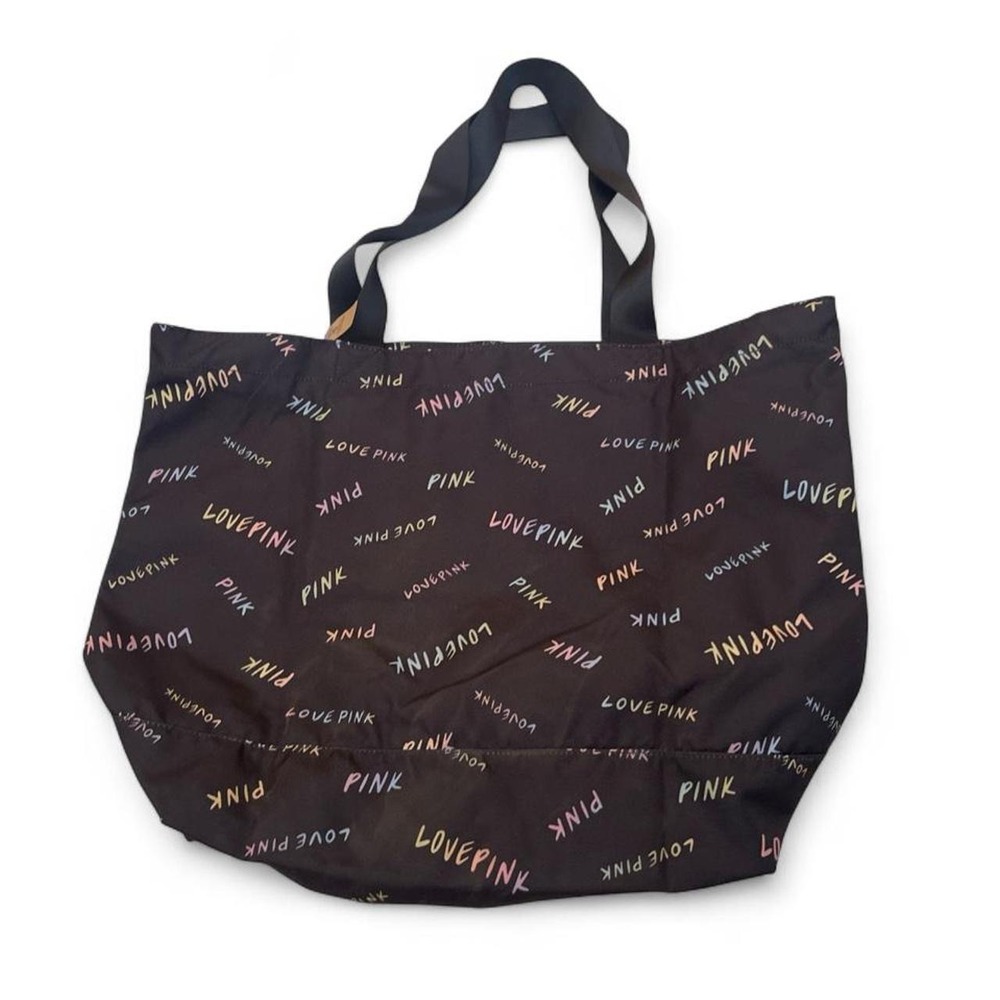 Victorias Secret‎ PINK Black Logo Script Large Zippered Tote Bag New